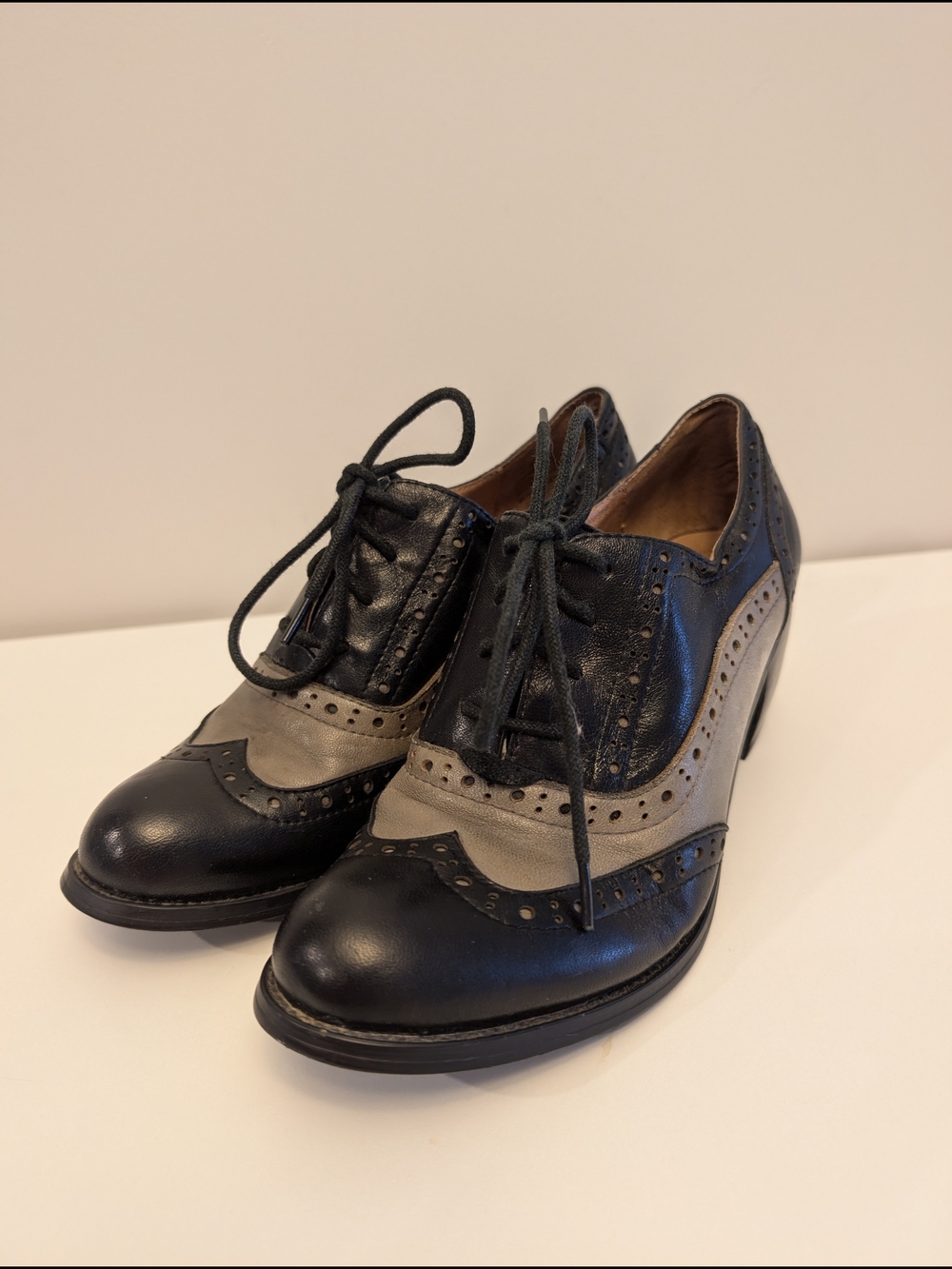 Miz Mooz Two-Tone Black and Gray Wingtip Lace-Up Heels